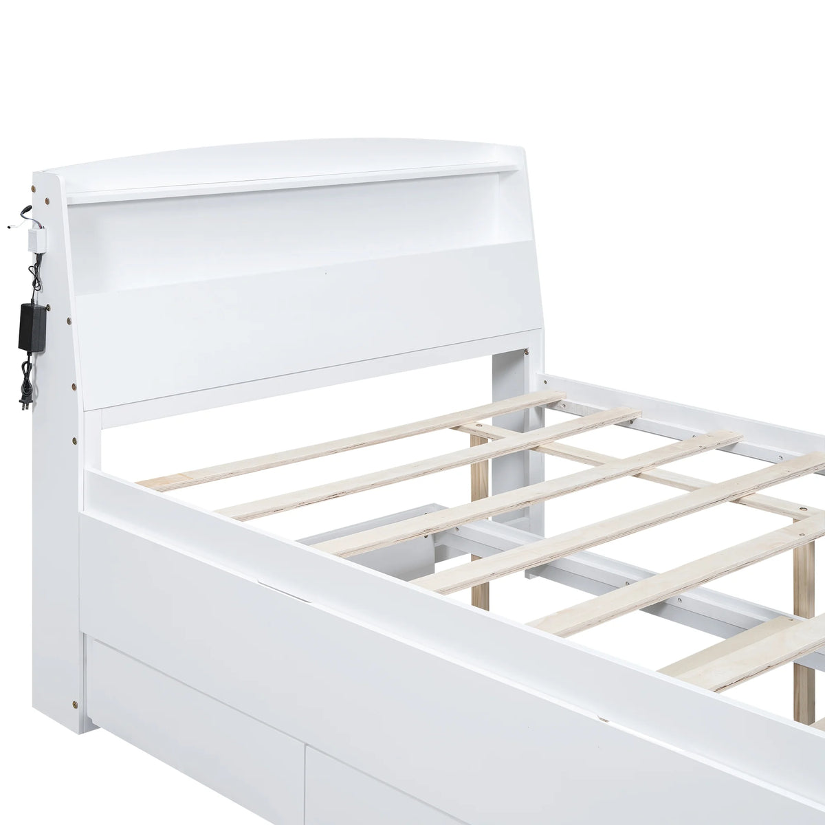 Euroco Wood Twin Size Platform Bed with Storage Headboard, Drawers Trundle and LED Light, White