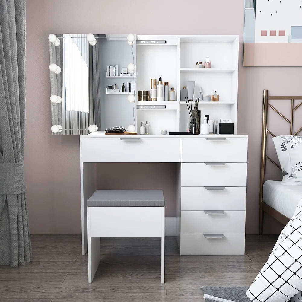 Resenkos Vanity Set with Mirror and 10LED Lights Makeup Vanity Desk Chair with 6 Drawers White