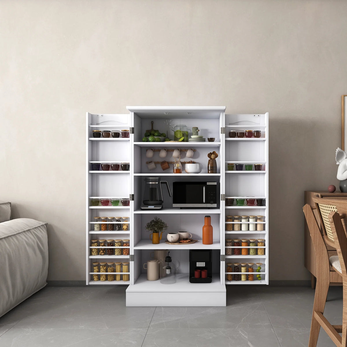 47 Kitchen Pantry Cabinet, White Buffet Cupboards Sideboard with Doors & Adjustable Shelves, Kitchen