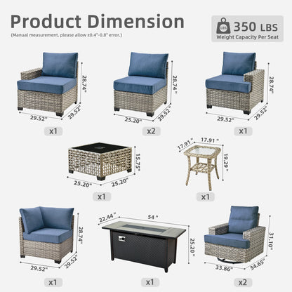 Ovios 10 Pieces Outdoor Patio Furniture Modern High-Back All-Weather Wicker Sectional Conversation Set with Propane Fire Pit Table & Swivel Chair, Dark Gray
