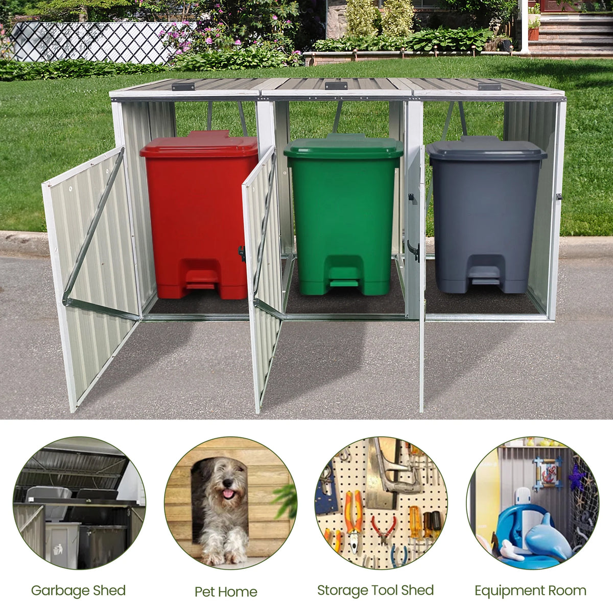 Aukfa 7.3' W Outdoor Garbage Bin Storage, Metal Storage Shed for 3 Trash Cans Tools, Waterproof Trash Can Storage