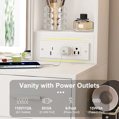 Montary Modern Mini Vanity w/Adjustable LED Mirror + Hidden Storage, Padded Stool & Dustproof Shelves (White)