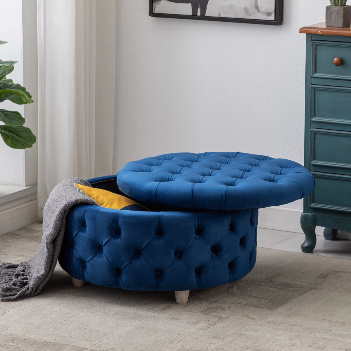WestinTrends Wordford Round Velvet Tufted Storage Ottoman, Velvet Navy Blue