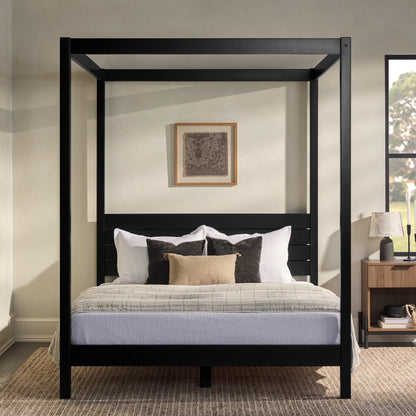 Walker Edison Minimalist Slatted Wood Queen Canopy Bedframe, Natural Pine