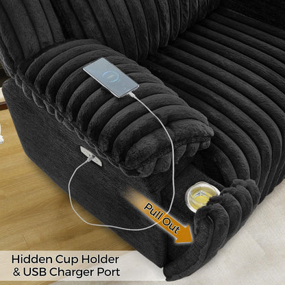 Power Reclining Sectional Sofa with Wireless Charger,6-Seater Faux Fur Sectional with Recliners,Hidden Cup Holders,Storage Console,USB & Type-C Ports,Black