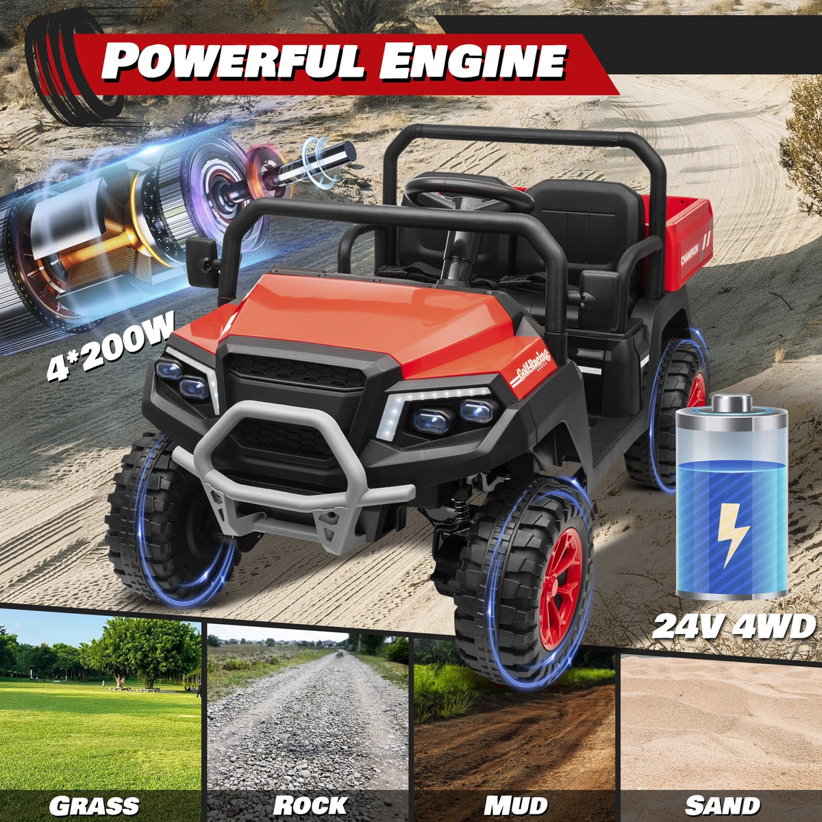 Joyracer 4WD 24 Volt Ride on Toys UTV with 2 Seater & Remote Control, Kids Electric Golf Cart w/ 4x200W Power Motors, Tiltable Trailer & Shovel, 4 Wheels Spring Suspension, Bluetooth USB Music, Black