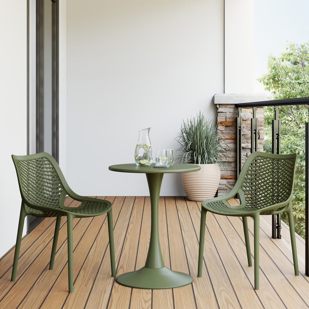 WestinTrends Playa 3-Piece Outdoor Round Metal Dining Table Set And Stackable Resin Patio Dining Side Chairs, Olive Green