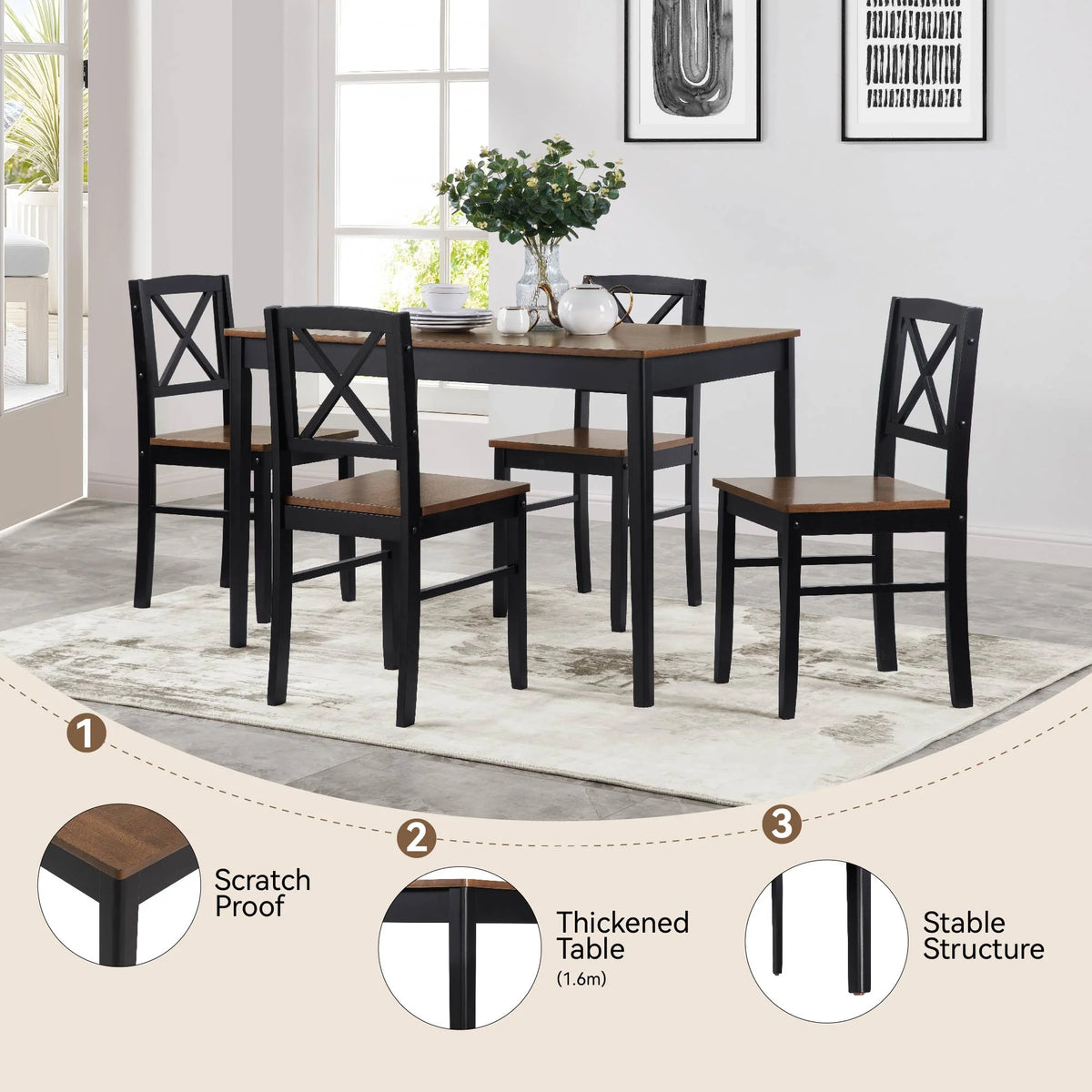 MAYEERTY Eco-Friendly Solid Wood Dining Set �?Sustainable Dining Table with Black Metal Accents for Home & Restaurant,Light Brown