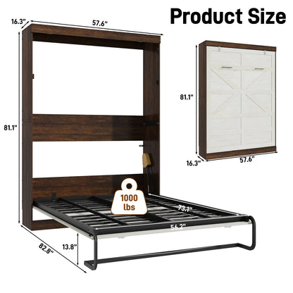 ANPOO Full Size Murphy Bed with 2 LED Lights, Farmhouse Wood Hidden Foldable Wall Bed Frame with Gas Struts, Storage Bed Cabinet for Bedroom, Office, Space-Saving, No Box Spring Needed