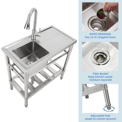 WPOND 30" Freestanding Utility Sink with Hot and Cold Faucet, Stainless Steel Sink with Workbench, Commercial Kitchen Single Bowl Sink for Garage, Restaurant, Kitchen, Laundry, NSF Certified