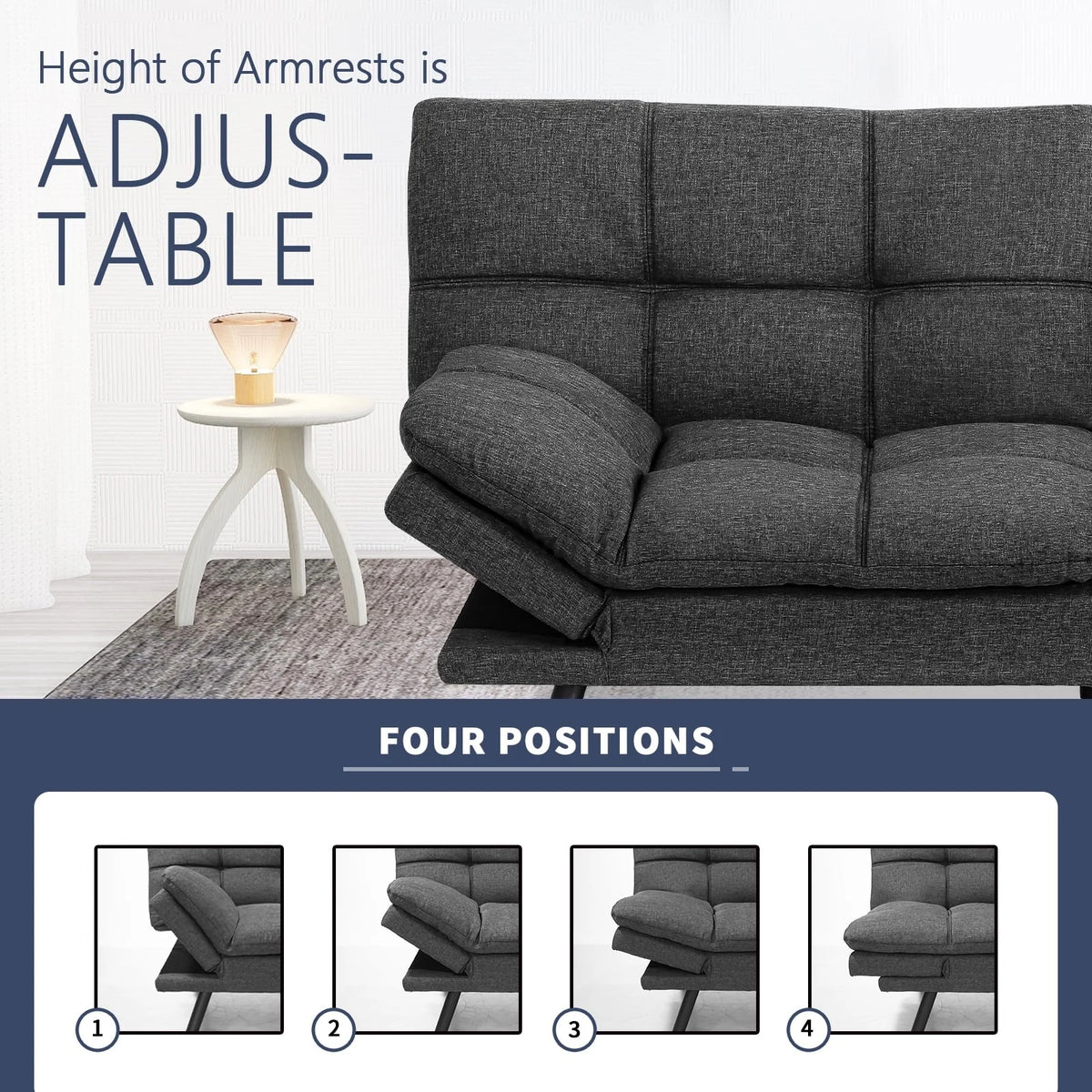 Convertible Memory Foam Futon Sofa Bed with Adjustable Armrests and Backrest,Gray