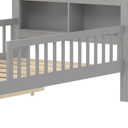 Euroco Wood Twin Size Platform Bed with Storage Headboard and Drawers, Low Profile Bed with Guardrails for Kids and Toddlers, White