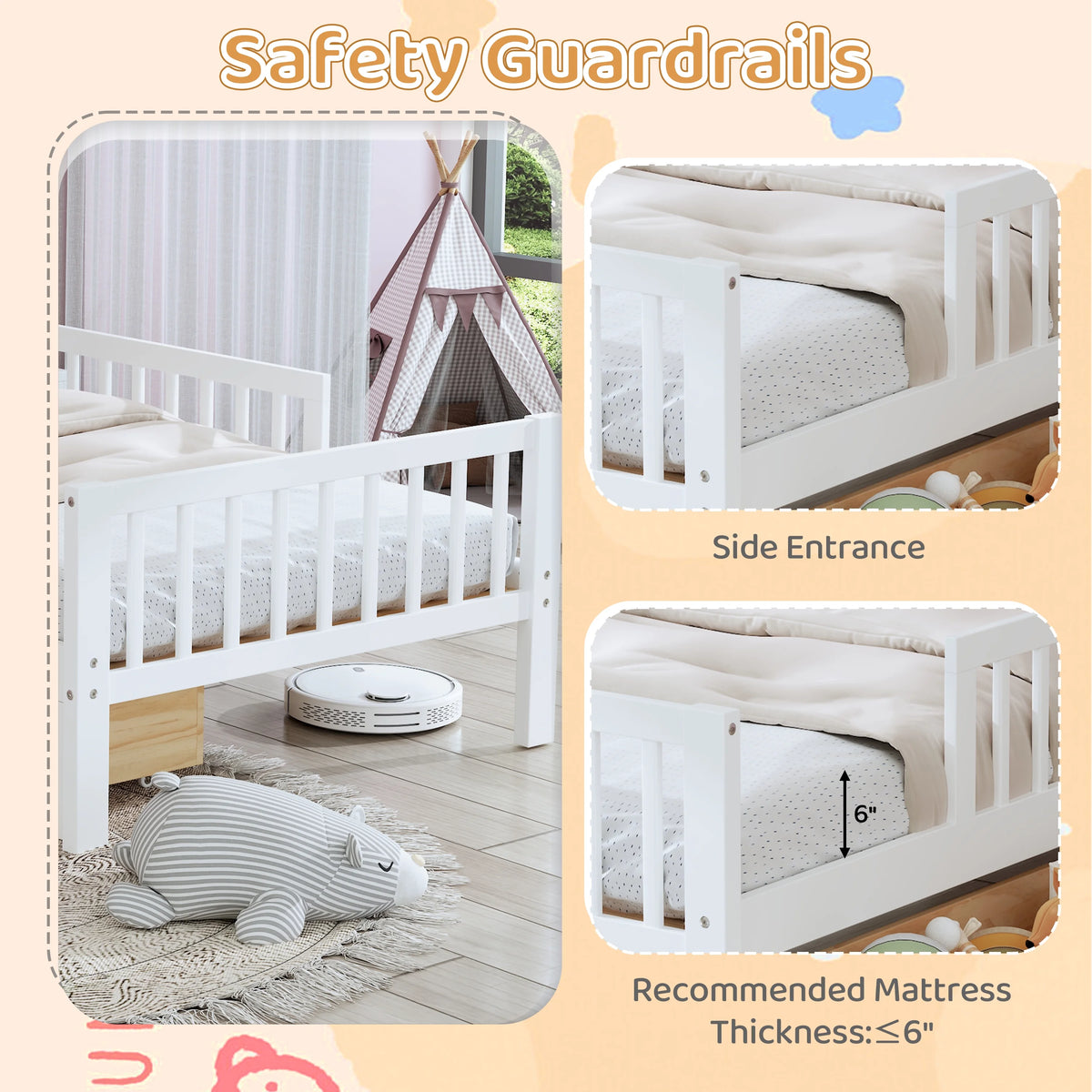 Euroco Wood Twin Size Platform Bed with Storage Headboard and Drawers, Low Profile Bed with Guardrails for Kids and Toddlers, White