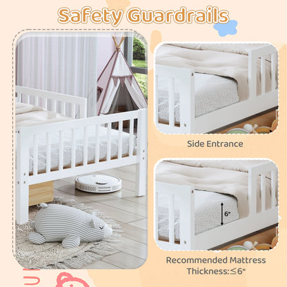 Euroco Wood Twin Size Platform Bed with Storage Headboard and Drawers, Low Profile Bed with Guardrails for Kids and Toddlers, White