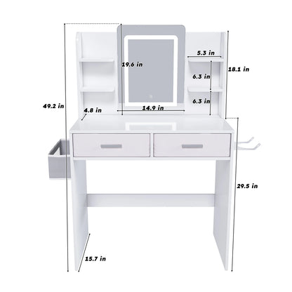Montary Modern Mini Vanity w/Adjustable LED Mirror + Hidden Storage, Padded Stool & Dustproof Shelves (White)