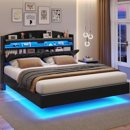 King Size Bed Frame with Storage Headboard and LED Lights,Upholstered Platform Bed with USB Port Charging,Headboard with Shelves Hidden Storage,Noise-Free,Dark Grey