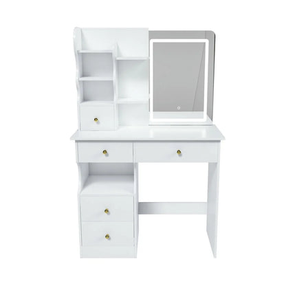 Kadyn Vanity Desk with Lighted Mirror, Vanity Table and Chair Set with 2 Drawers, Dressing Table Makeup Desk with 1 Door, Retro Gray