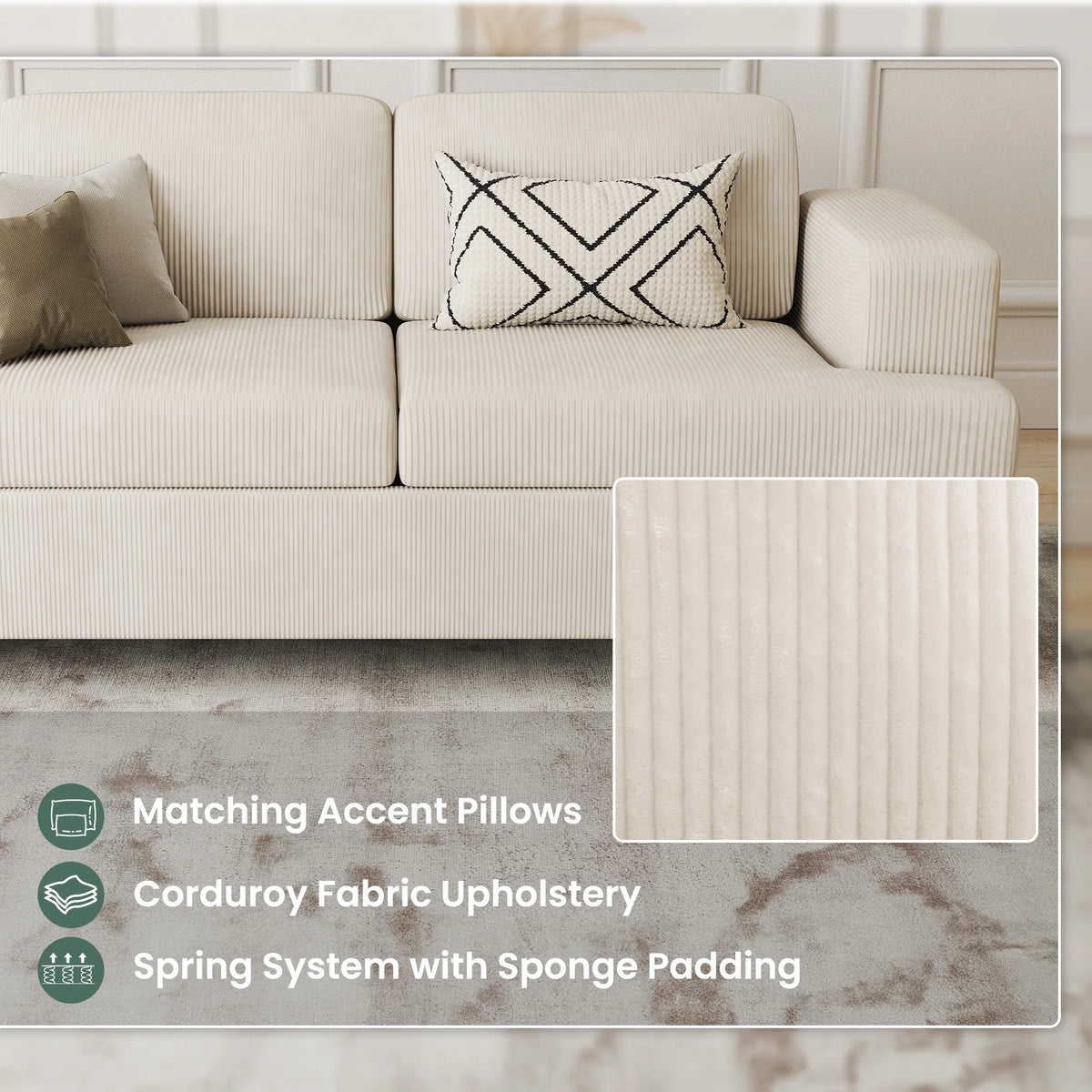 LUMIHO 89" Modern Corduroy Sofa,3 Seater Couches for Living Room, Bedroom,with Deep Seat,beige
