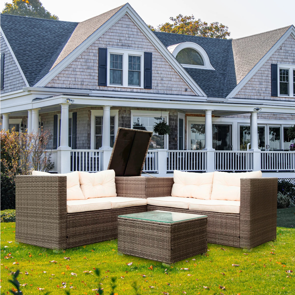 SEGMART 4 Piece Patio Furniture Set, All-Weather Outdoor Sectional Sofa Set, PE Rattan Conversation Set with Storage Box, Table & Cushions, Wicker Furniture Couch Set for Patio Deck Garden