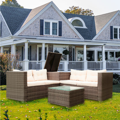 SEGMART 4 Piece Patio Furniture Set, All-Weather Outdoor Sectional Sofa Set, PE Rattan Conversation Set with Storage Box, Table & Cushions, Wicker Furniture Couch Set for Patio Deck Garden