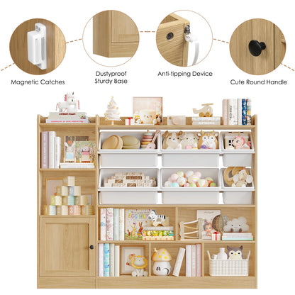 Hiphuta 55"In Kids Bookcase with Toy Storage Organizer, Wood Cube Bookcase Toy Chest of 8 Compartments & 6 Movable Bins, Bookshelf for Kids Bedroom, White