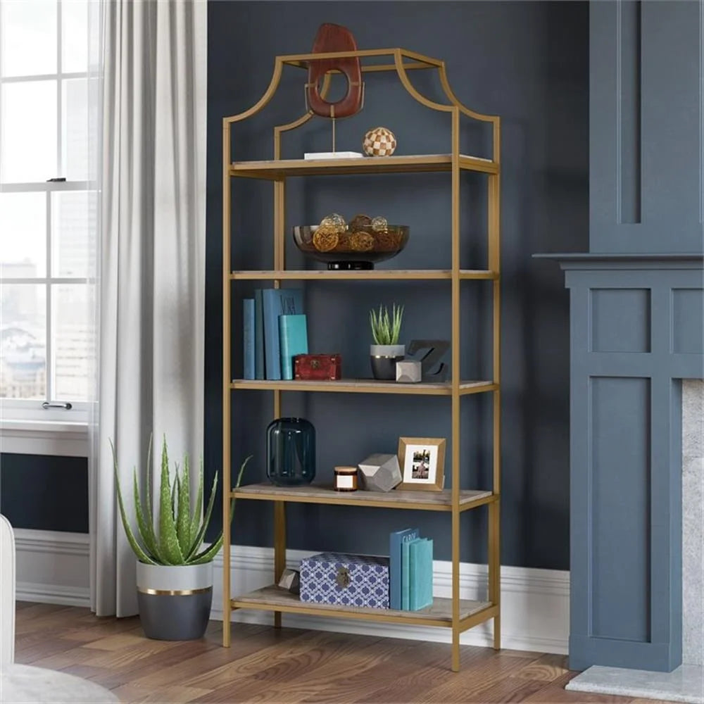 Pemberly Row 5-Shelf Modern Metal Bookcase in Gold Satin/Faux Deco Stone