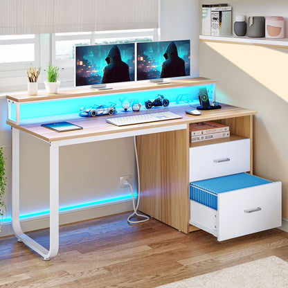 TDUKDB 47/55   Inch Home Office LED Computer Desk with File Drawer and Power Outlets. Ideal for Home Office  Study  Stable Design, Stylish  Simple-inch-Brown  White