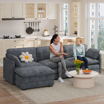 110" Sectional Sofa, L-Shaped Sofa Couch with Deep Seat and Movable Footrest Sofa for Office|Living Room, Gray