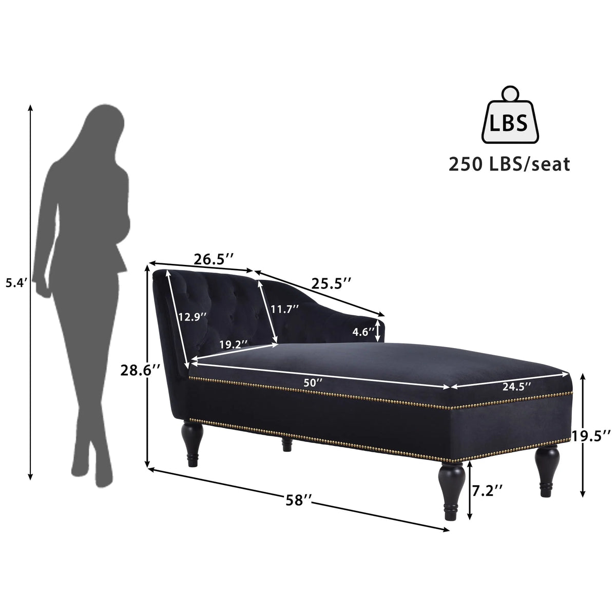 Ufurpie 58" Velvet Chaise Lounge Indoor,Sleeper Lounge Sofa with Nailhead Trim,for Living Room,Office,Apartment,Black