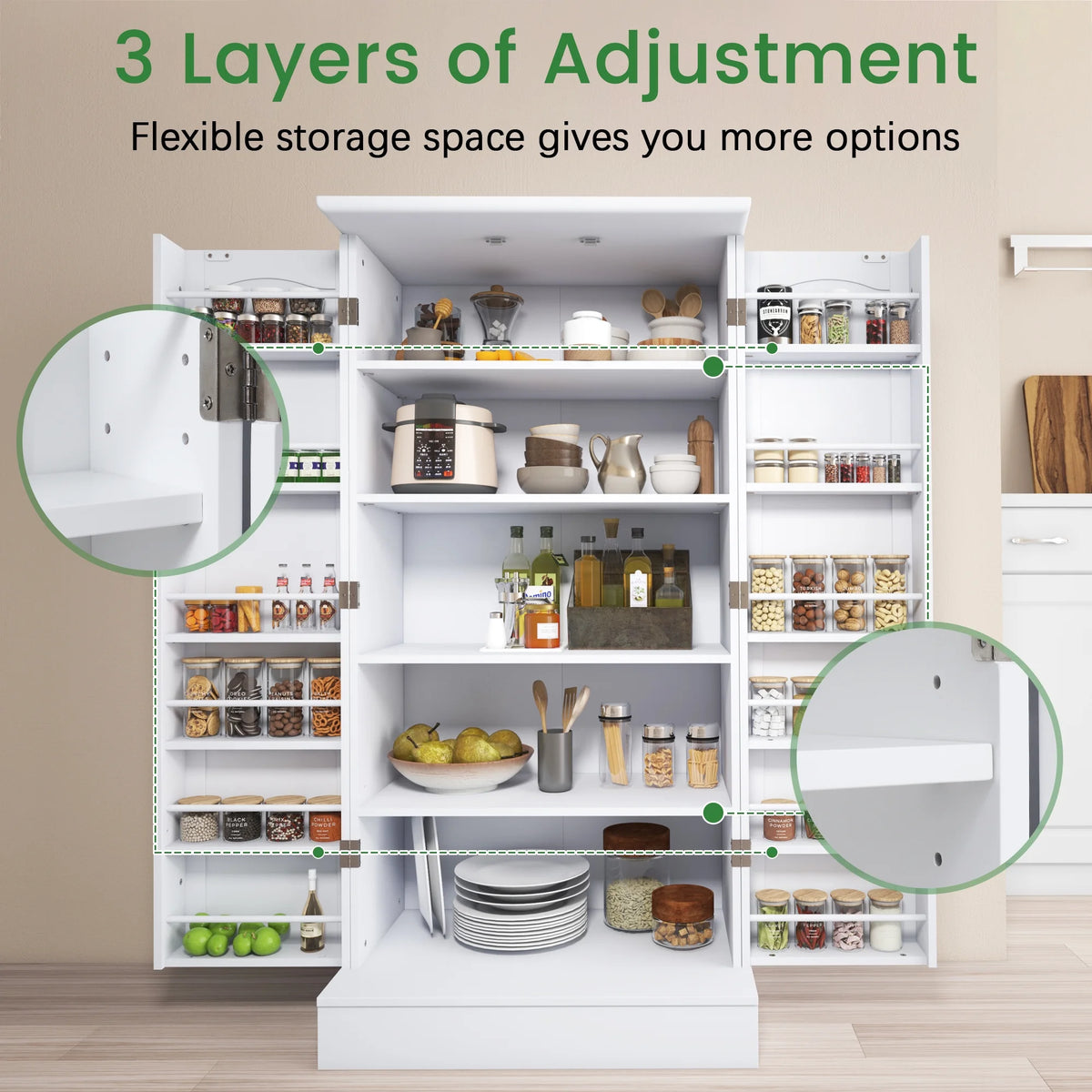 47 Kitchen Pantry Cabinet, White Buffet Cupboards Sideboard with Doors & Adjustable Shelves, Kitchen