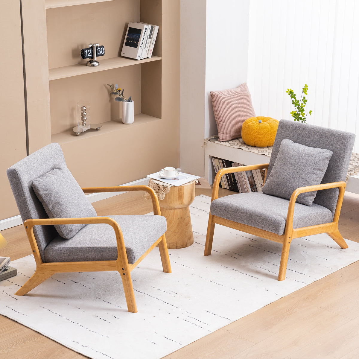 JULY'S SONG Mid Century Modern Accent Chair Set of 2, Linen Upholstered Reading Chairs for Living Room, 25.6" W Fabric Comfy Armchair, Beige