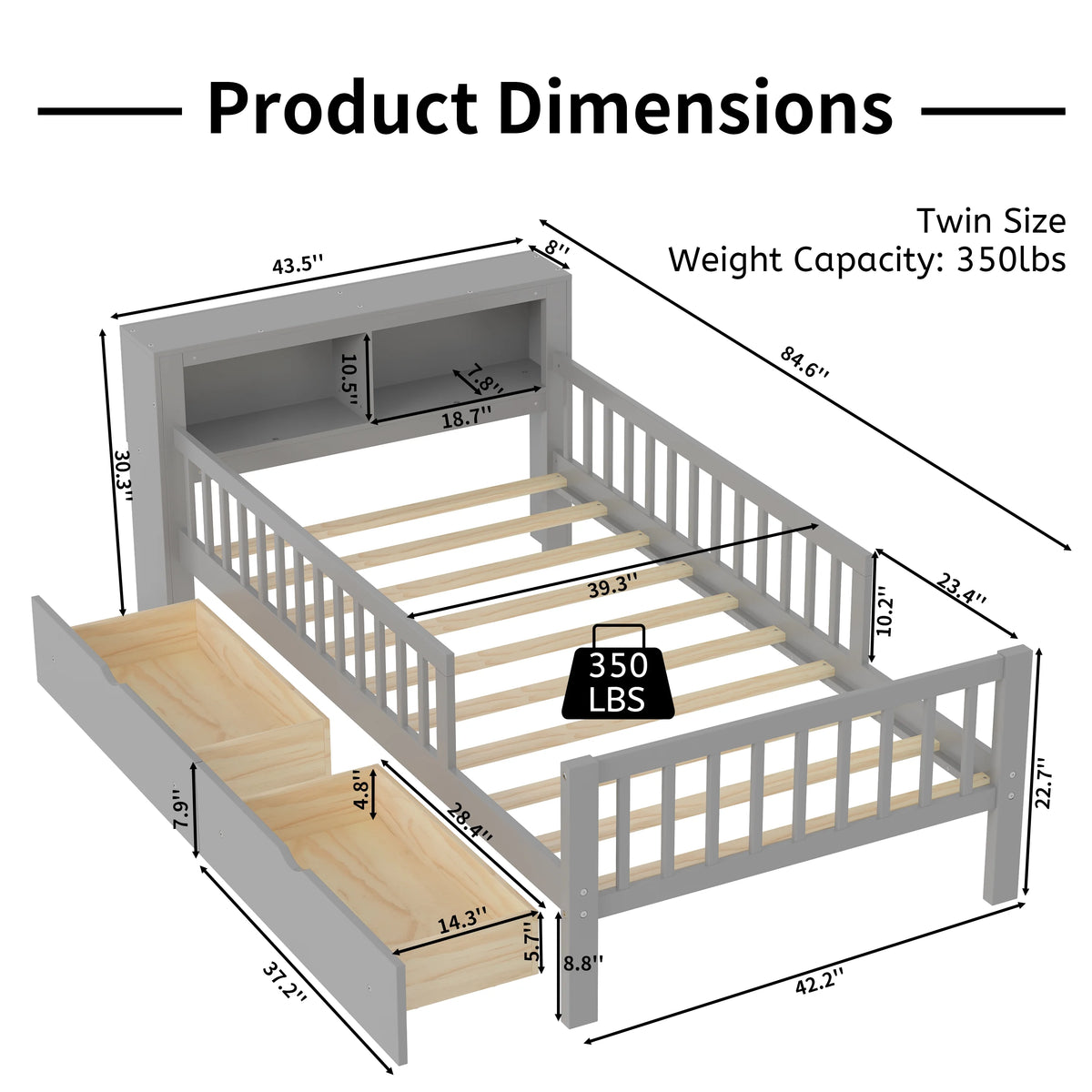 Euroco Wood Twin Size Platform Bed with Storage Headboard and Drawers, Low Profile Bed with Guardrails for Kids and Toddlers, White