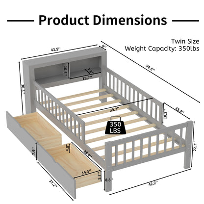 Euroco Wood Twin Size Platform Bed with Storage Headboard and Drawers, Low Profile Bed with Guardrails for Kids and Toddlers, White