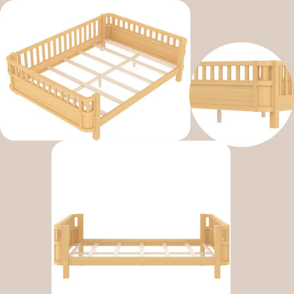 Bellemave Full Size Bed Frame, Full Montessori Bed with Safety Guardrails and Detachable Fence, Wood Full Daybed Frame, Low Profile & Rounded Corners Design, Natural