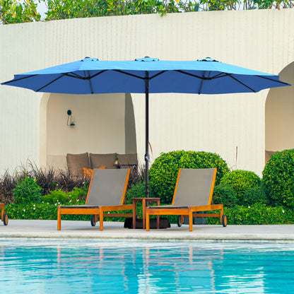 Mondawe 15ft Patio Umbrella Rectangular Outdoor Market Umbrella with Base and LED Lights Beige