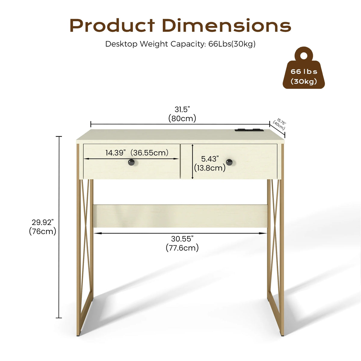 Manxile Fluted Computer Desk with USB Ports & Power Outlet, Modern White Study Table with Drawers