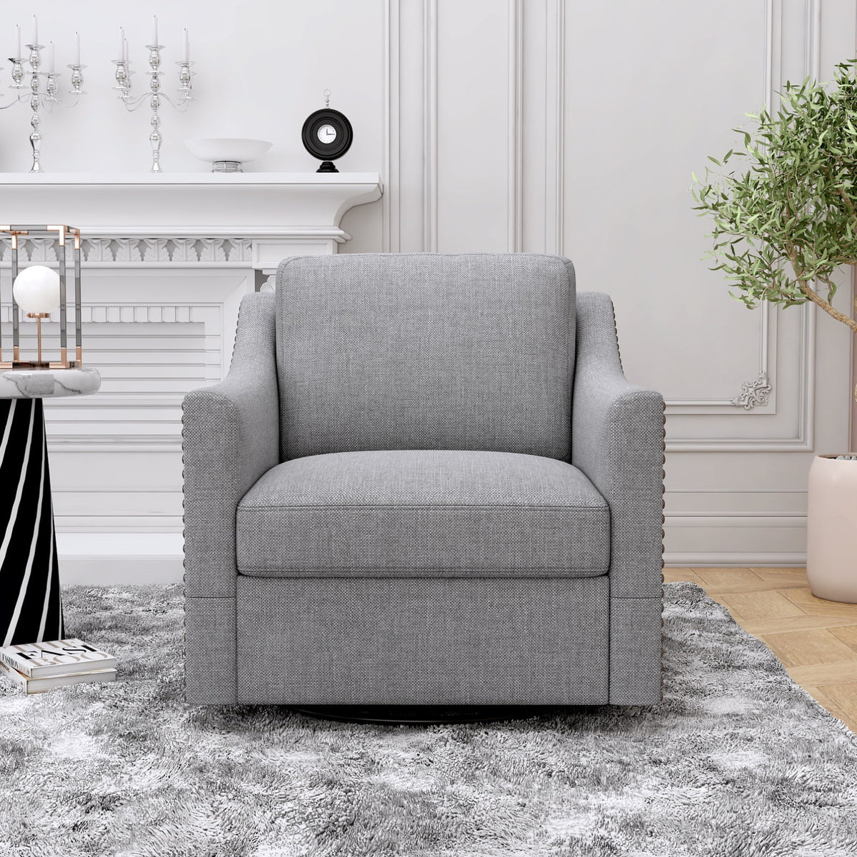 Swivel Accent Chair Armchair, 360�� Swivel Chair in Cotton Linen, Living Room Chairs with Wide Cusion and Curved Armrest, Comfy Barrel Sofa Reading Chairs for Bedroom, Small Spaces, Office, Grey