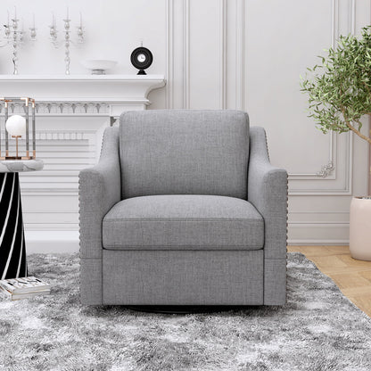 Swivel Accent Chair Armchair, 360�� Swivel Chair in Cotton Linen, Living Room Chairs with Wide Cusion and Curved Armrest, Comfy Barrel Sofa Reading Chairs for Bedroom, Small Spaces, Office, Grey
