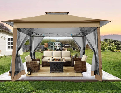 COBIZI 12x12 Outdoor Gazebo Pop Up Gazebo Canopy with Mosquito Netting Patio Tent Backyard Canopy with 2-Tiered Vented Top 3 Adjustable Height, Beige