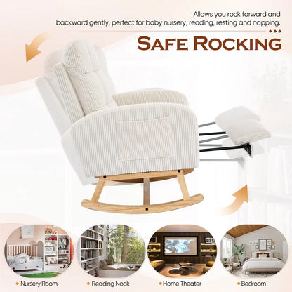 FFH Rocking Chair Nursery, Tufted Accent Rocker Chair, Upholstered Armchair with Adjustable Footrest, Side Pocket, High Backrest, Padded Seat, Polyester Blend (Retro, Dark Gray)