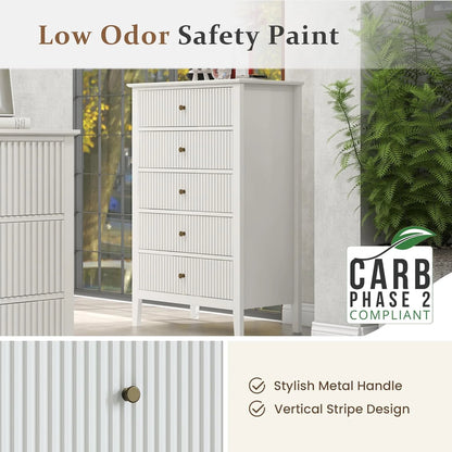 Heynemo Beige 6 Drawer Dresser, Fluted Modern Wood Chest