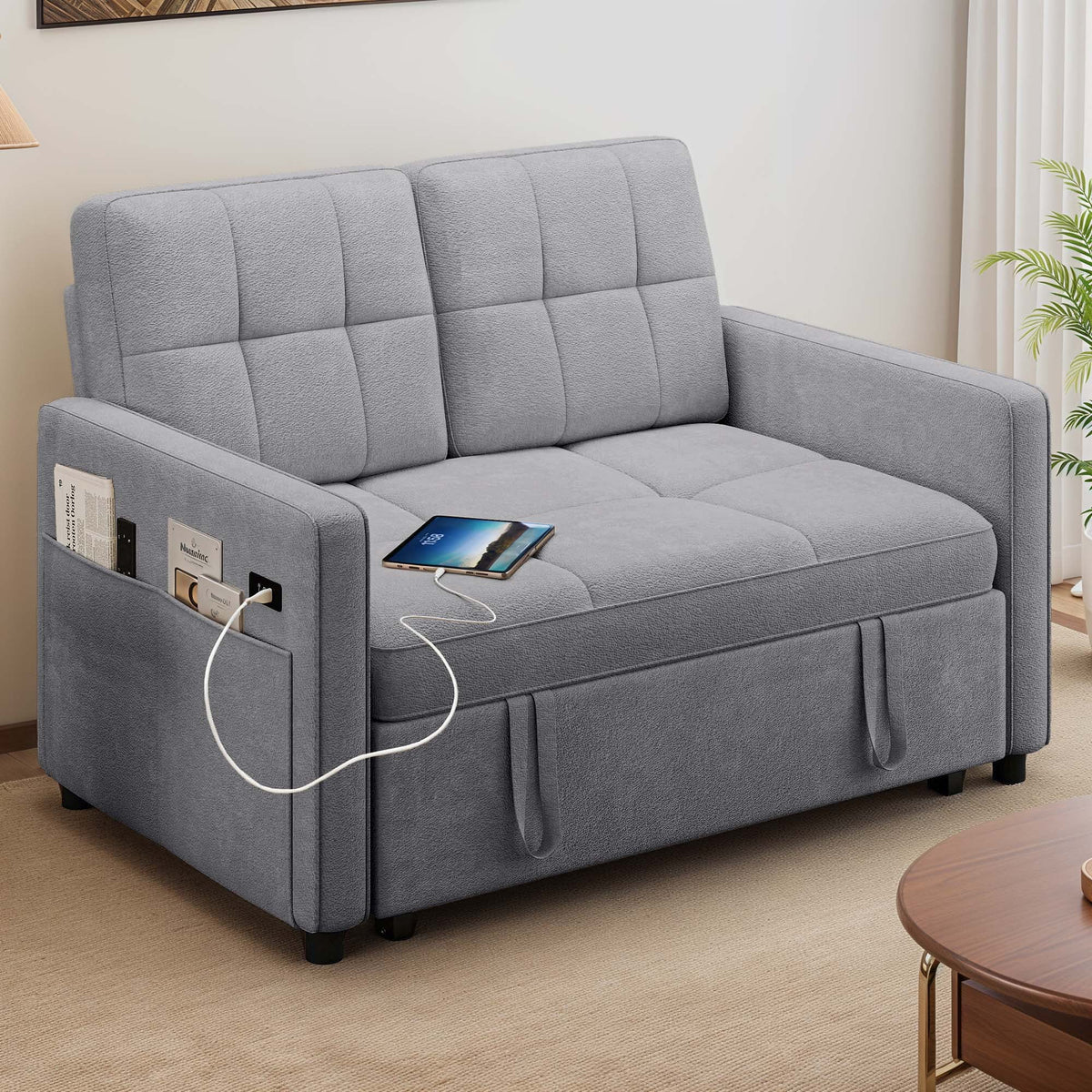 Dextrus  3-in-1 Convertible Futon Sofa Bed, Modern Sleeper Sofa with Pull-Out Bed for Small Place, Beige