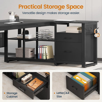 71" Executive Desk with Power Outlets, Modern L Shaped Office Desk with File Drawers and Pegboard, Large Computer Desk, Rustic Brown