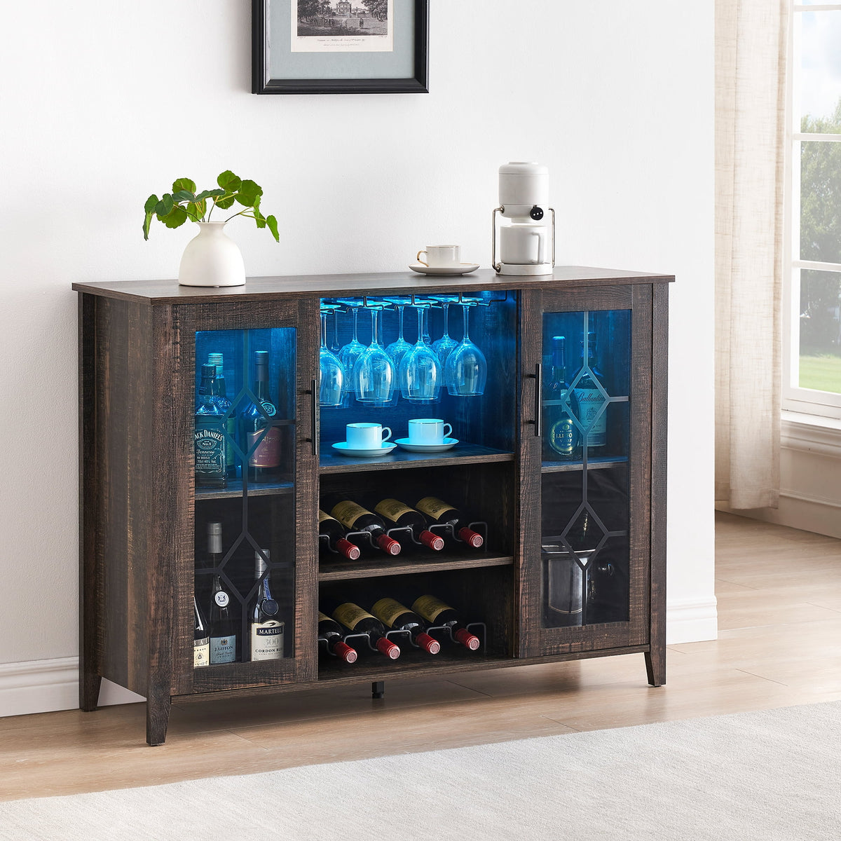 Faitaliicy Wine Bar Cabinet With Led Light Wine And Glass Rack Kitchen Buffet Sideboard Industry Coffee Bar Cabinet Freestanding Liquor Cabinet For Kitchen Dining Room Living Room