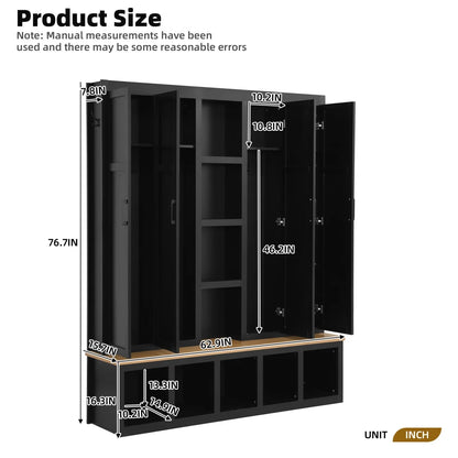 63" Farmhouse Hall Tree with Bench and Shoe Storage, 4-in-1 Entryway Bench with 4 Storage Cabinets, 5 Shoe Cabinets and 6 Hanging Hooks, Black