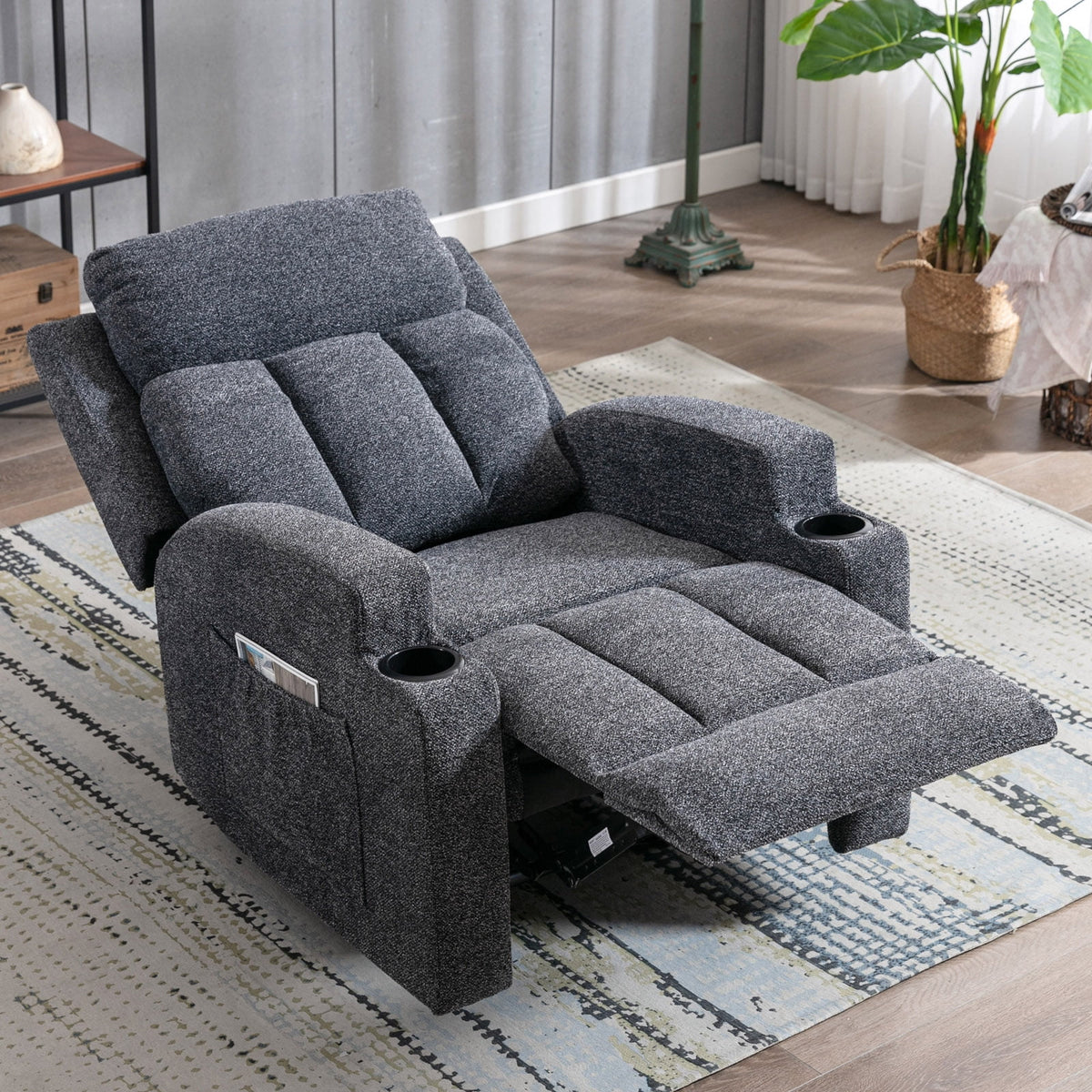 Bonzy Home Heated Manual Massage Recliner with Cup Holder Padded Breathable Fabric Recliner, Home Theater Seating��Navy