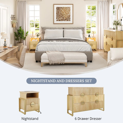 LGHM 3 Piece Bedroom Dresser and Nightstand Set, Fluted Wide Chest of Drawers, Bed Side Table End Table with LED Lights for Living Room, Black