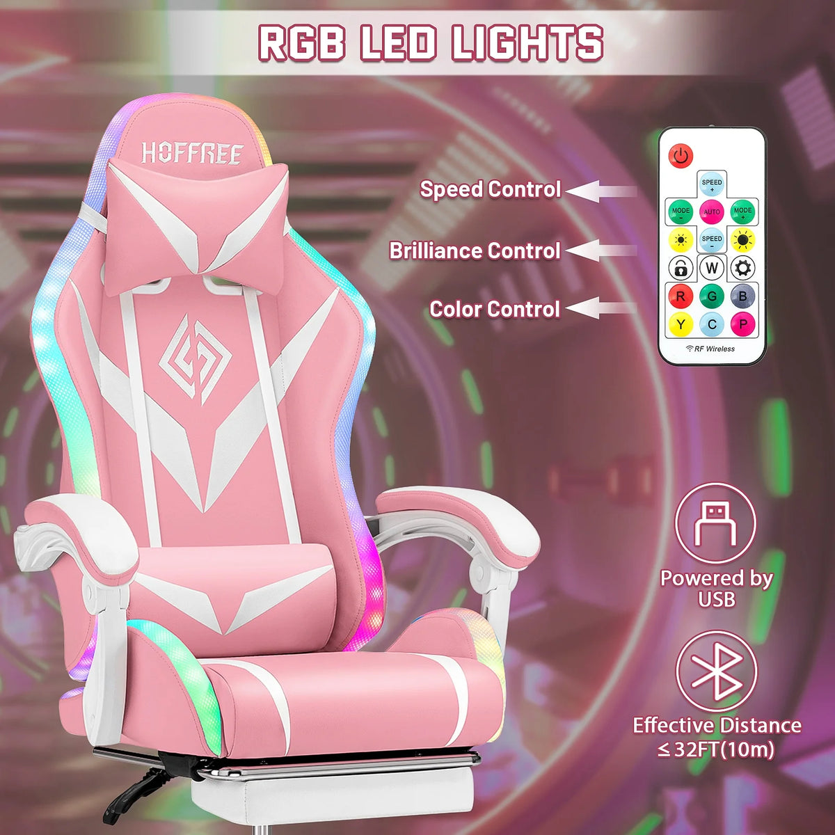 Hoffree Gaming Chair with Speakers PU Leather Office Chair with Footrest and LED Lights Ergonomic Gamer Chair with Massage Lumbar Support and Headrest Adjustable Swivel for Home Office 300lb