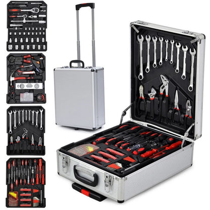 799PCS Aluminum Trolley Case Tool Set, Complete Tool Box Set with Rolling Wheels, Household Hand Tools Kit for Men, Silver