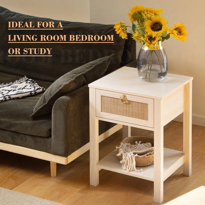Surmoby Farmhouse Rattan Nightstand Set of 2,Boho Bedside Tables with Storage Drawer and Open Shelf - Side Table End Tables for Bedroom or Living Room
